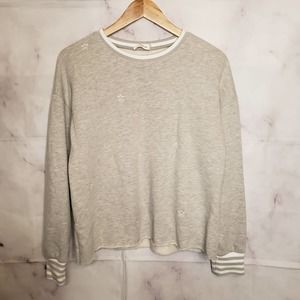 STORIA gray fringe raw hem stripe cuffs pullover sweater M